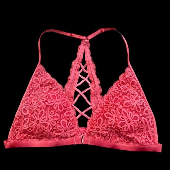 Victoria’s Secret Lined (padded) Daisy lace up racerback triangle bralette Coral - Picture 1 of 4